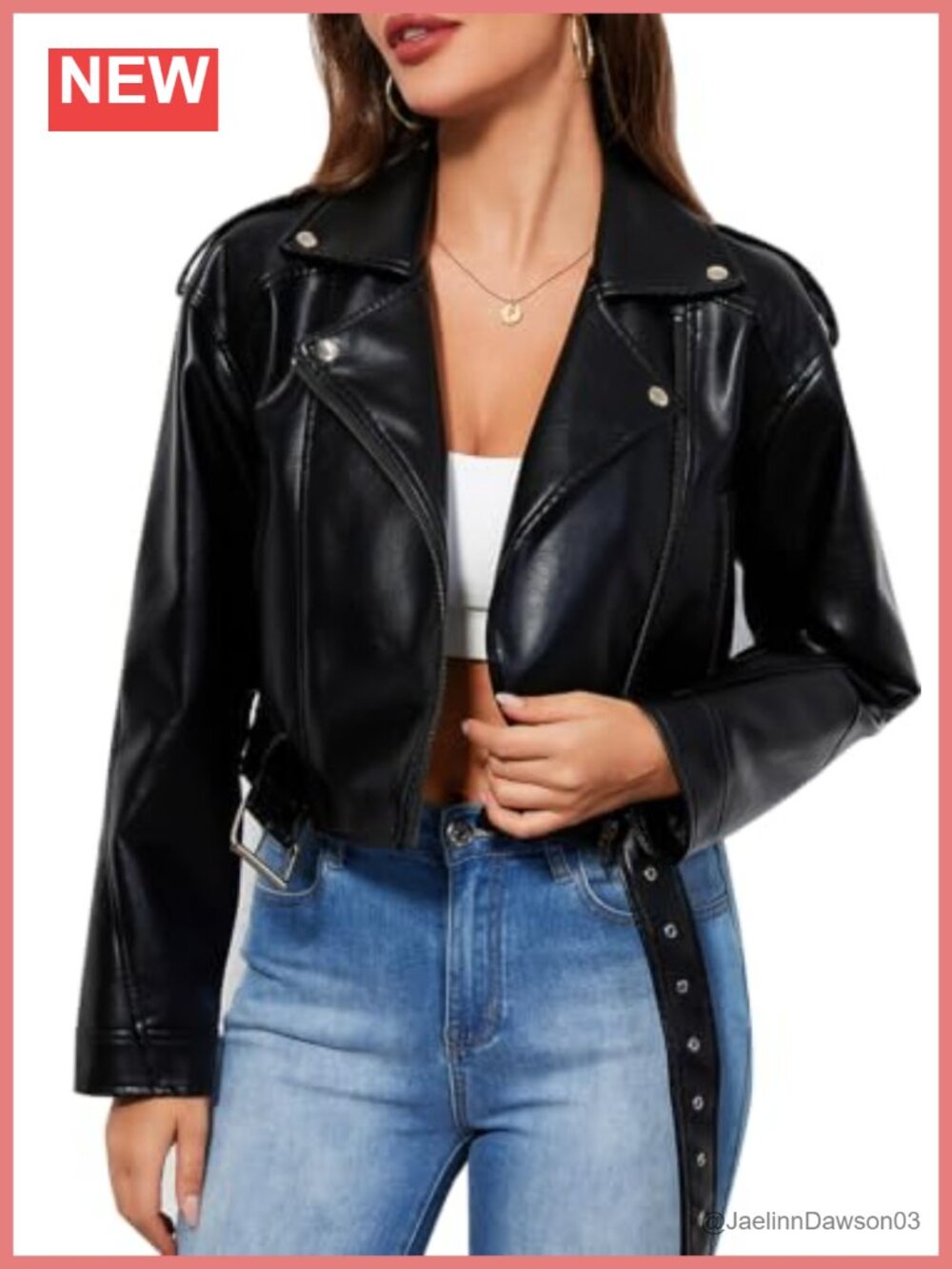 Faux Leather Moto Biker Jacket Crop Belted Rivet PU Outerwear